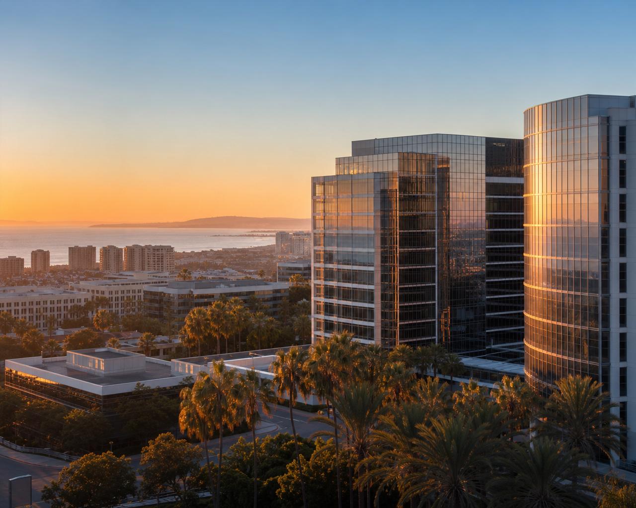 Orange County skyline with modern office towers at sunset