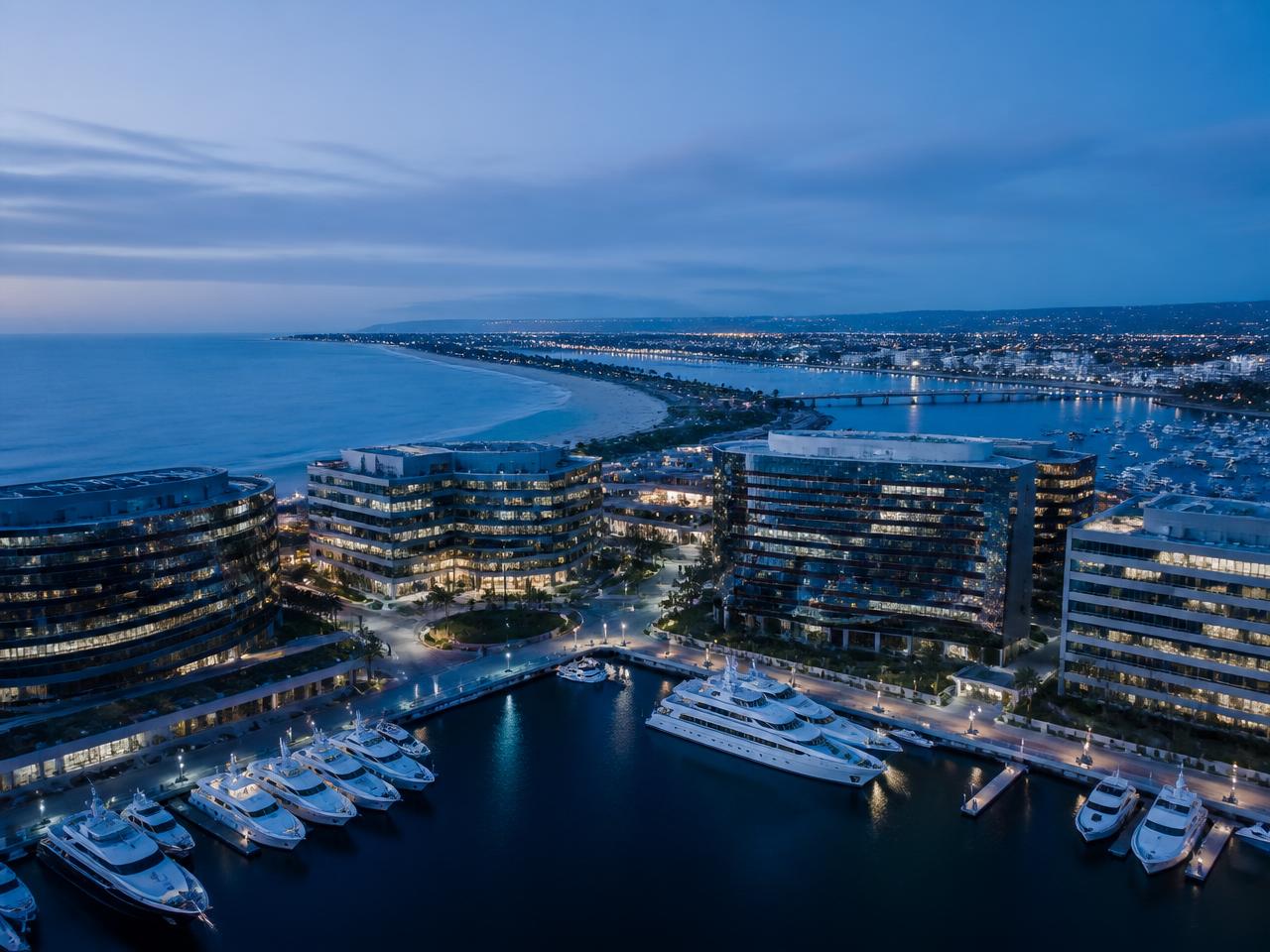 Orange County coastline at dusk with waterfront law firm offices