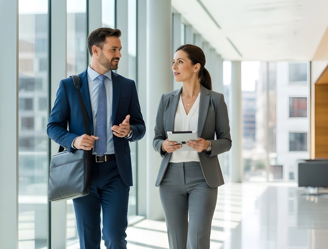 Boutique law firm attorneys walking through modern office