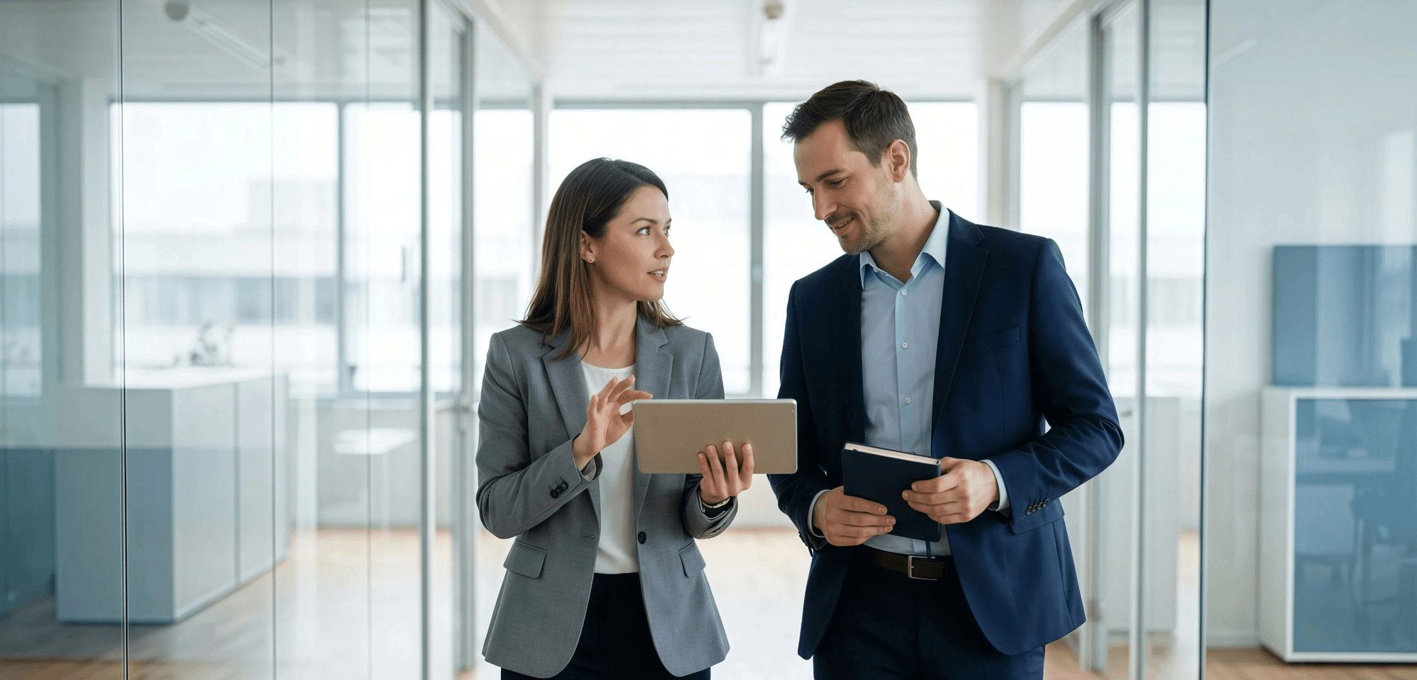 Mid-size law firm attorneys walking through modern office